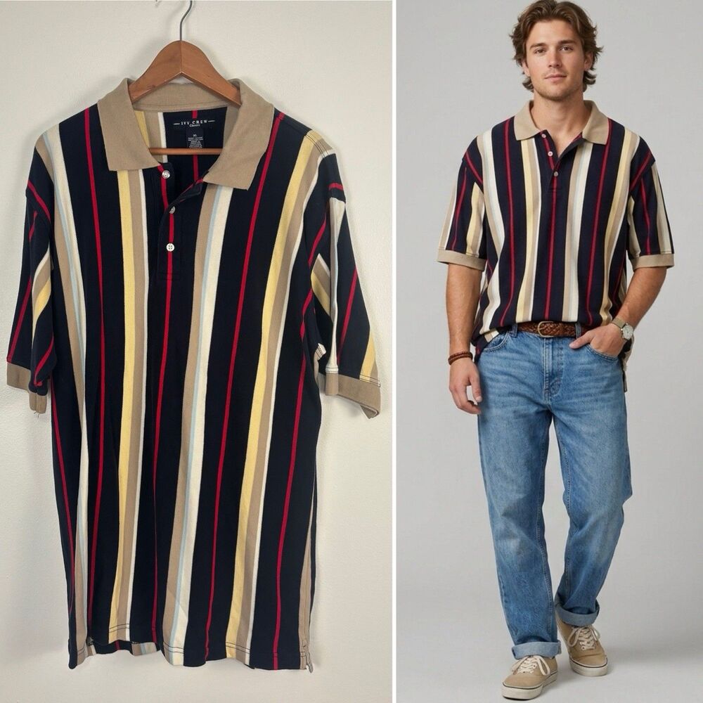 VTG Ivy Crew Polo Shirt Mens XL Vertical Stripe Pique Cotton 90s Y2K Skate Grand